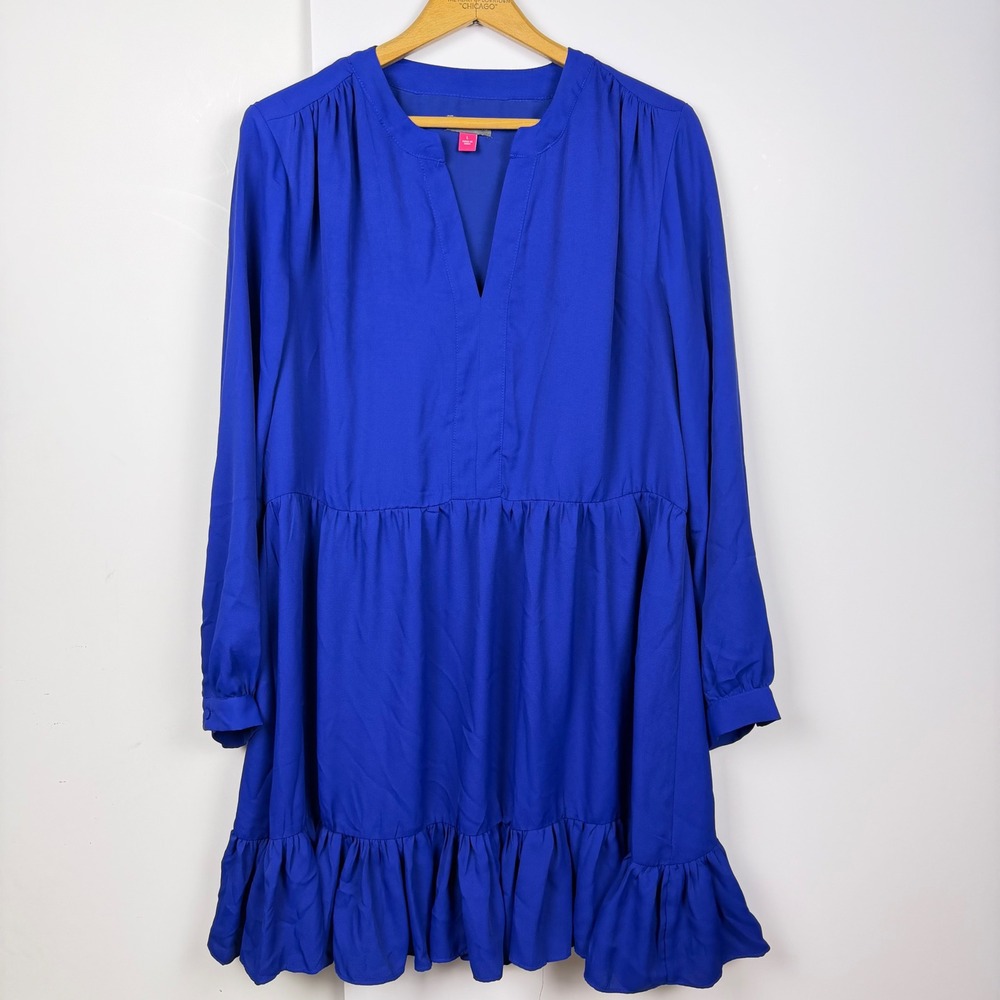Vince Camuto Royal Blue Ruffle Hem Long Sleeve Babydoll Mini Dress Large